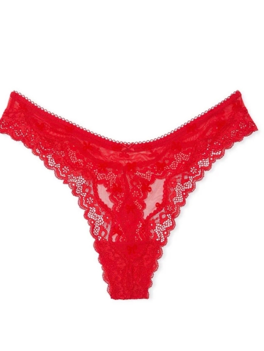 Victoria’s Secret VERY SEXY Red Lace Trim w Velvet Bows Mesh Thong Panty Sz S